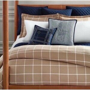 RALPH LAUREN Windowpane Duvet Cover Full Queen Camel Brown NEW Modern Equestrian